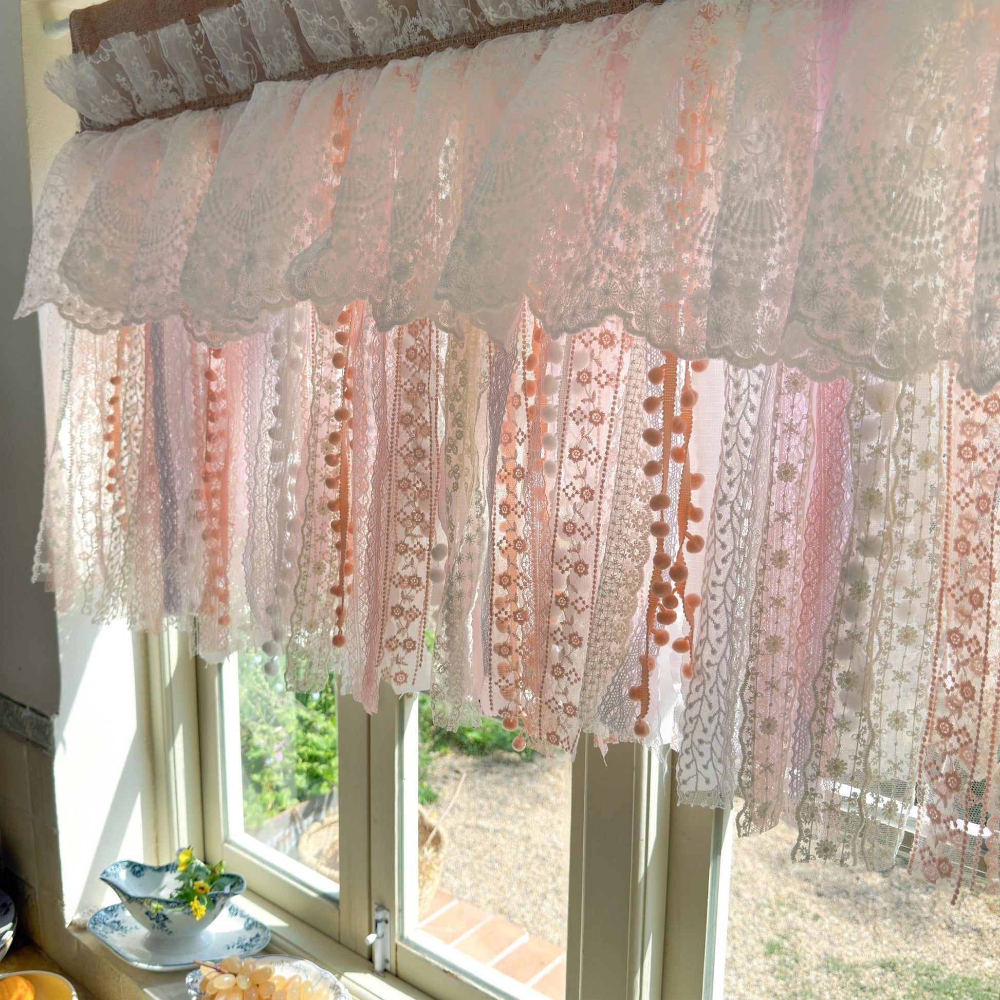 Rustic Romance Floral Burlap & Lace Window Valance - UDreamHome
