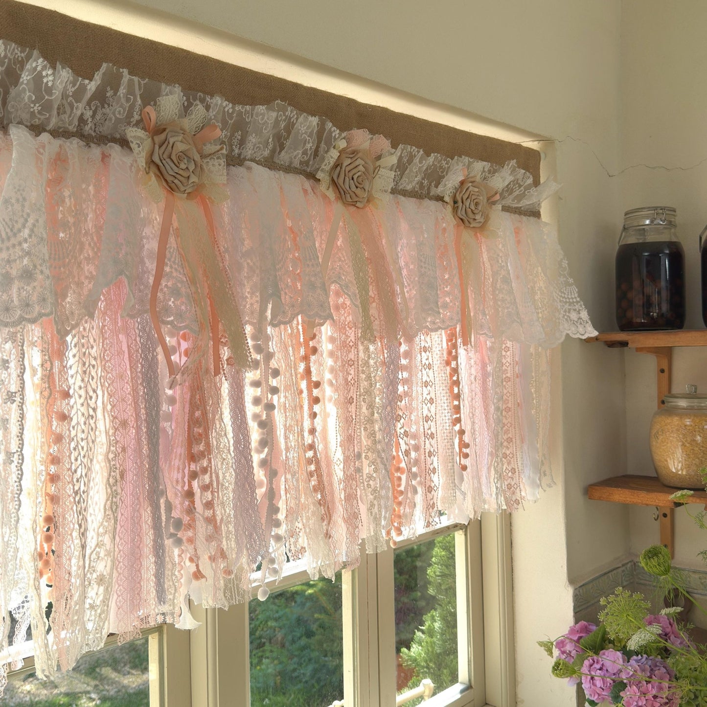 Rustic Romance Floral Burlap & Lace Window Valance - UDreamHome