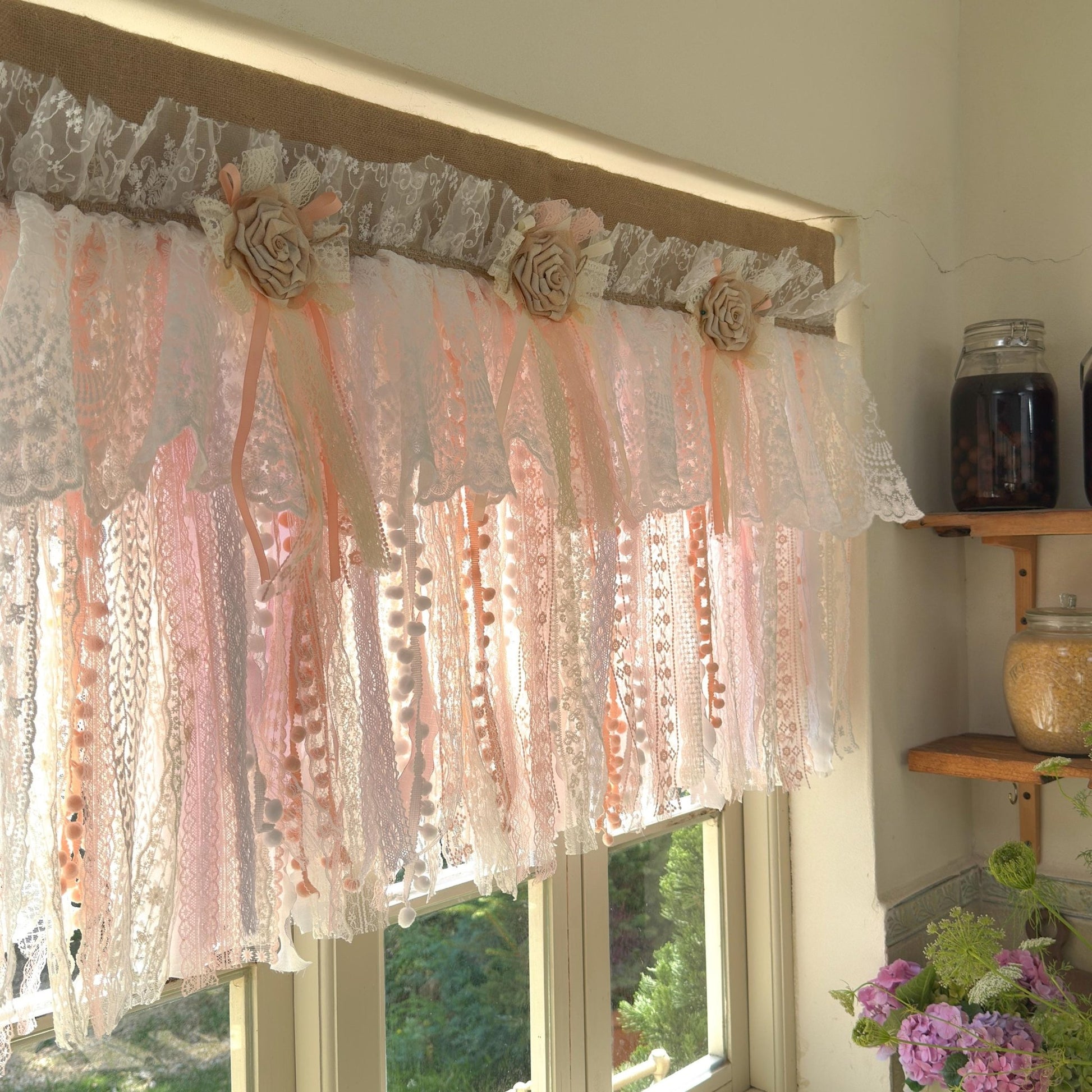 Rustic Romance Floral Burlap & Lace Window Valance - UDreamHome