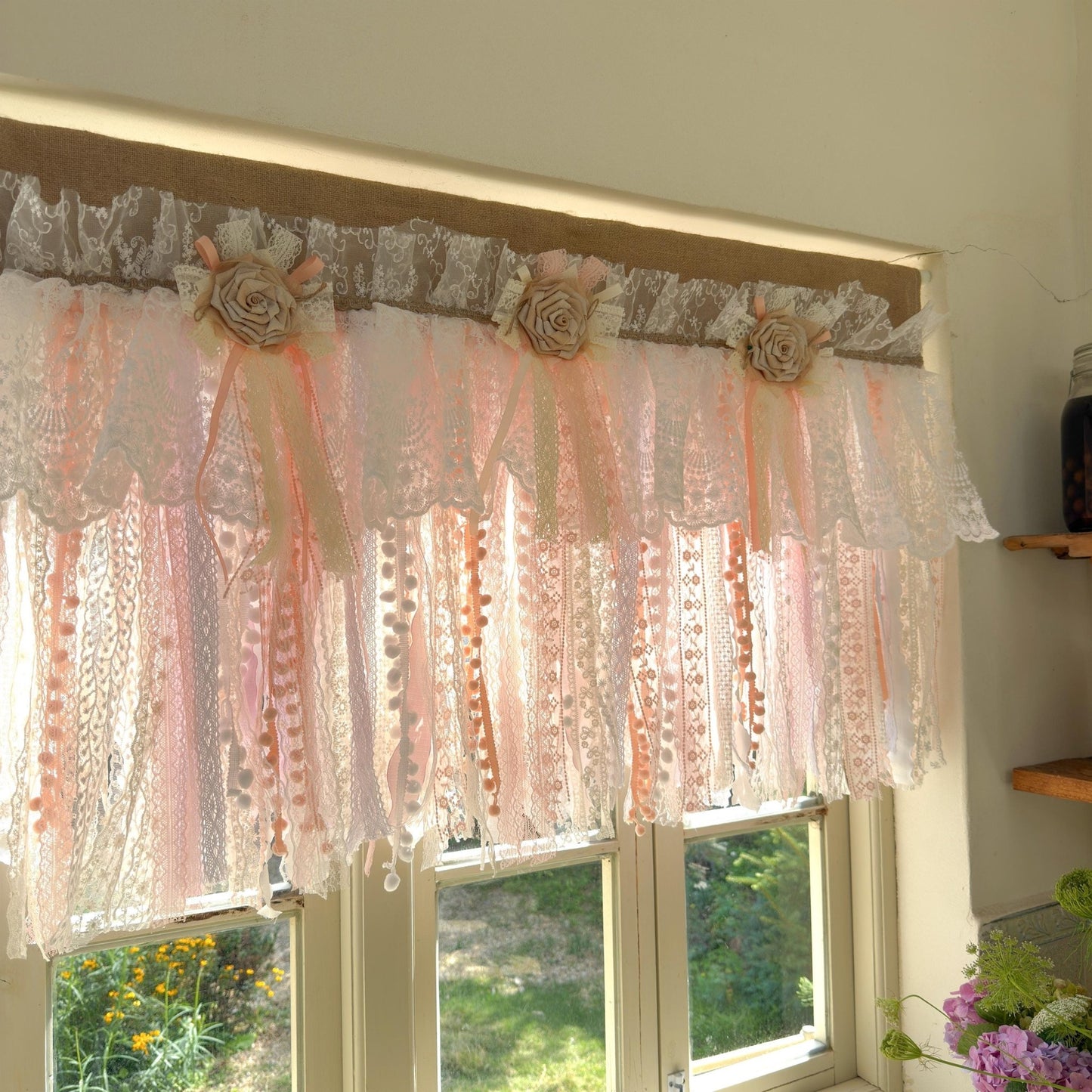 Rustic Romance Floral Burlap & Lace Window Valance - UDreamHome