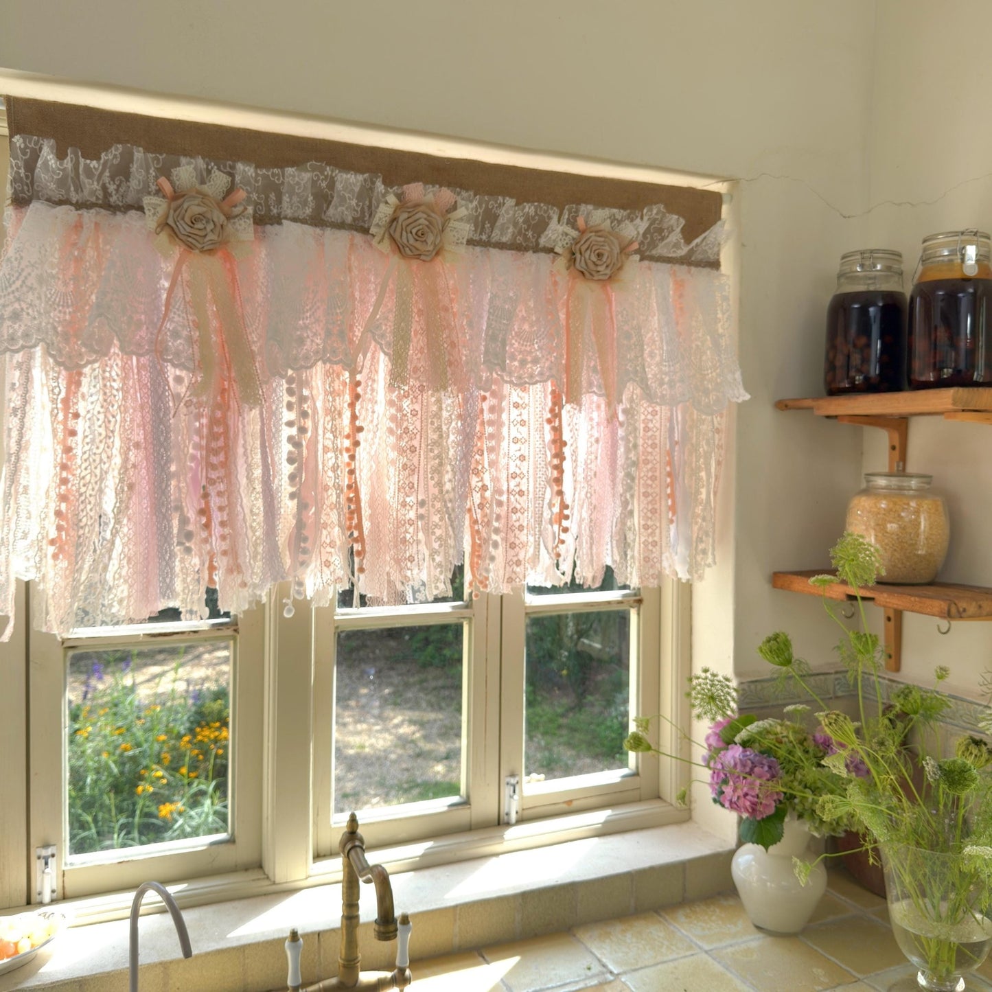 Rustic Romance Floral Burlap & Lace Window Valance - UDreamHome