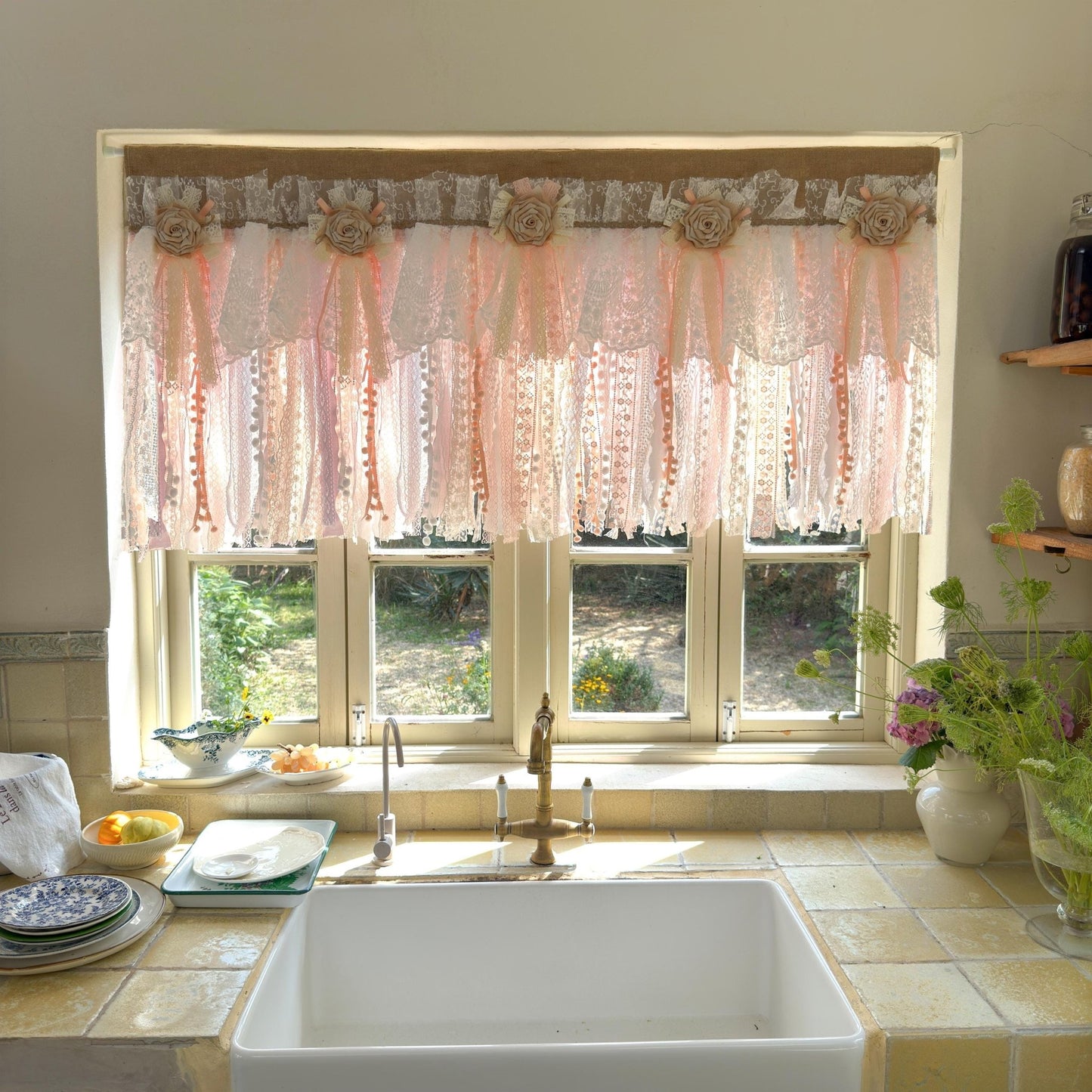 Rustic Romance Floral Burlap & Lace Window Valance - UDreamHome