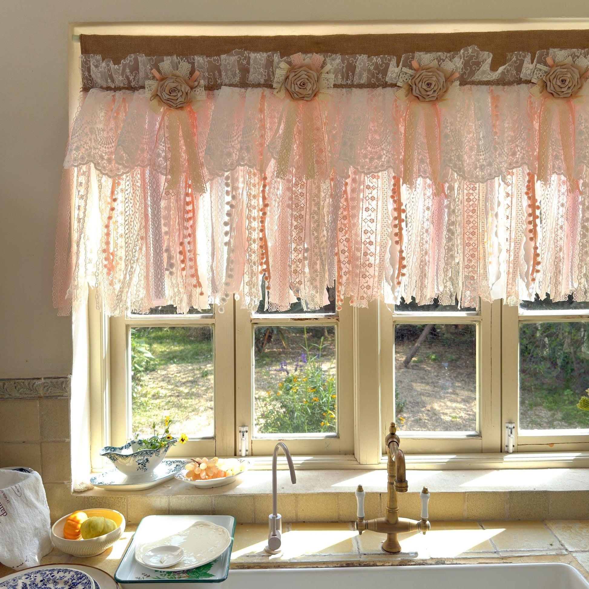 Rustic Romance Floral Burlap & Lace Window Valance - UDreamHome