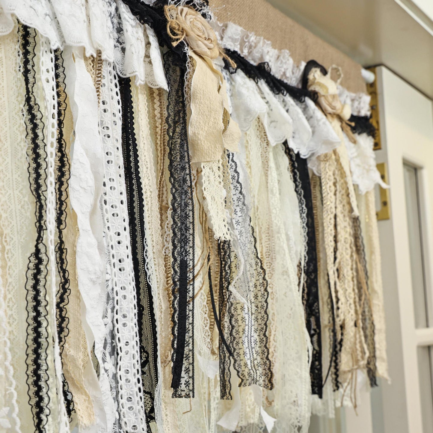 Rustic Unique Burlap Beige Black Lace Valance - UDreamHome