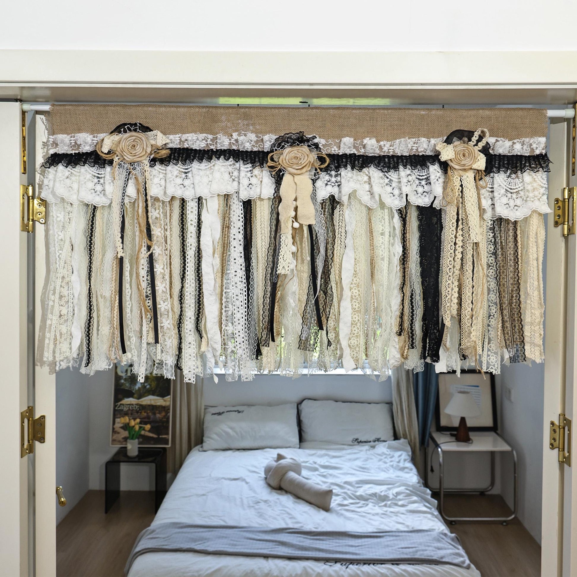 Rustic Unique Burlap Beige Black Lace Valance - UDreamHome