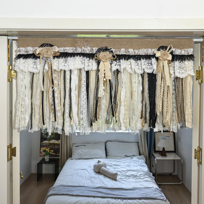 Rustic Unique Burlap Beige Black Lace Valance - UDreamHome