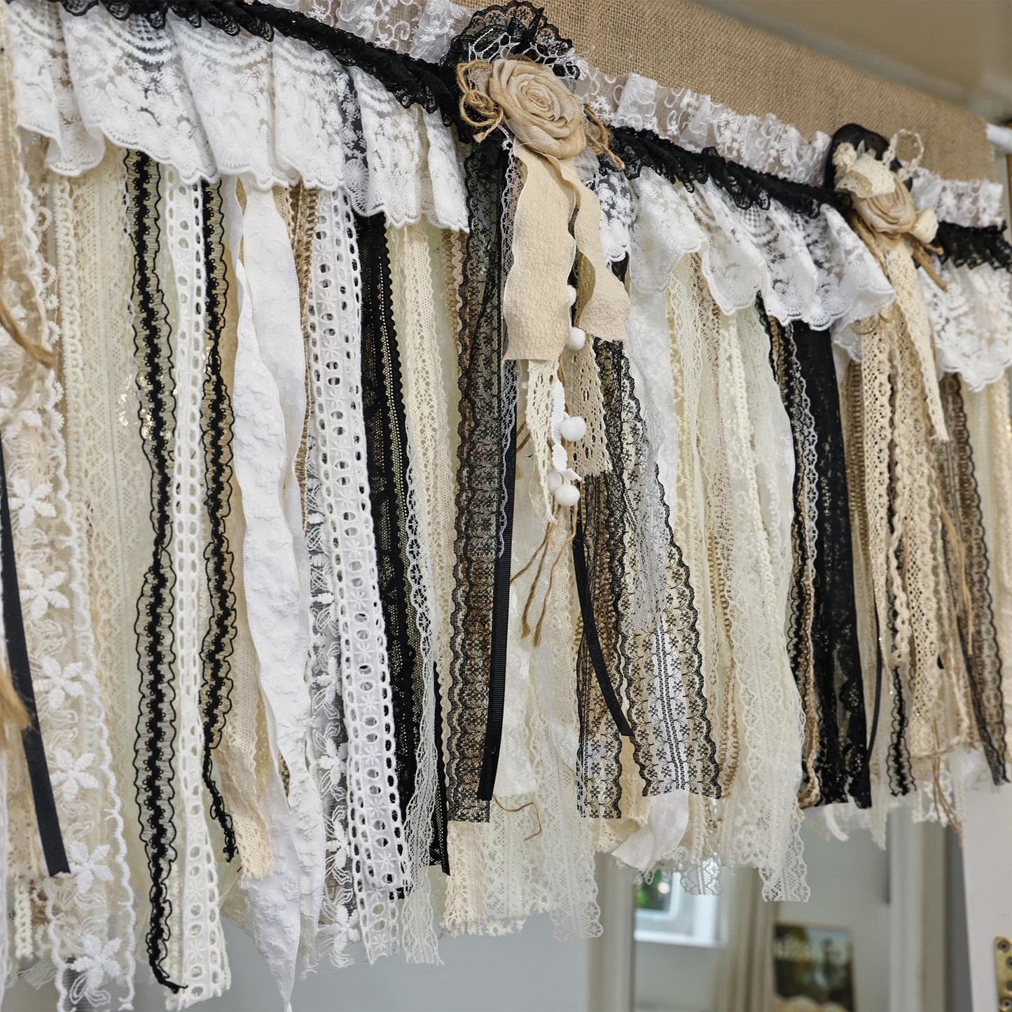 Rustic Unique Burlap Beige Black Lace Valance - UDreamHome