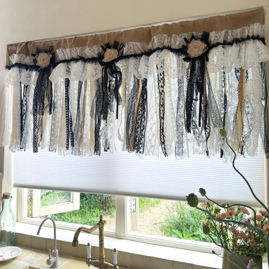 Rustic Unique Burlap Beige Black Lace Valance - UDreamHome