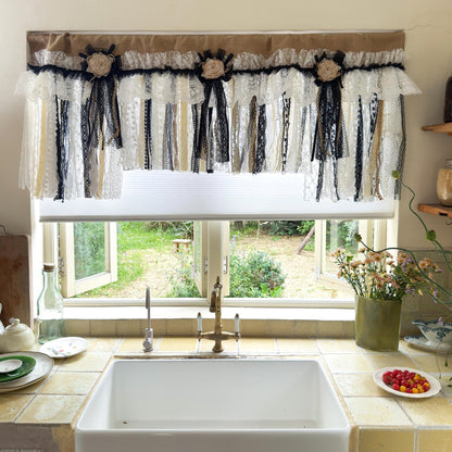 Rustic Unique Burlap Beige Black Lace Valance - UDreamHome
