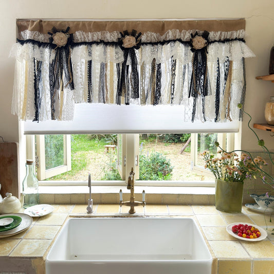 Rustic Unique Burlap Beige Black Lace Valance - UDreamHome