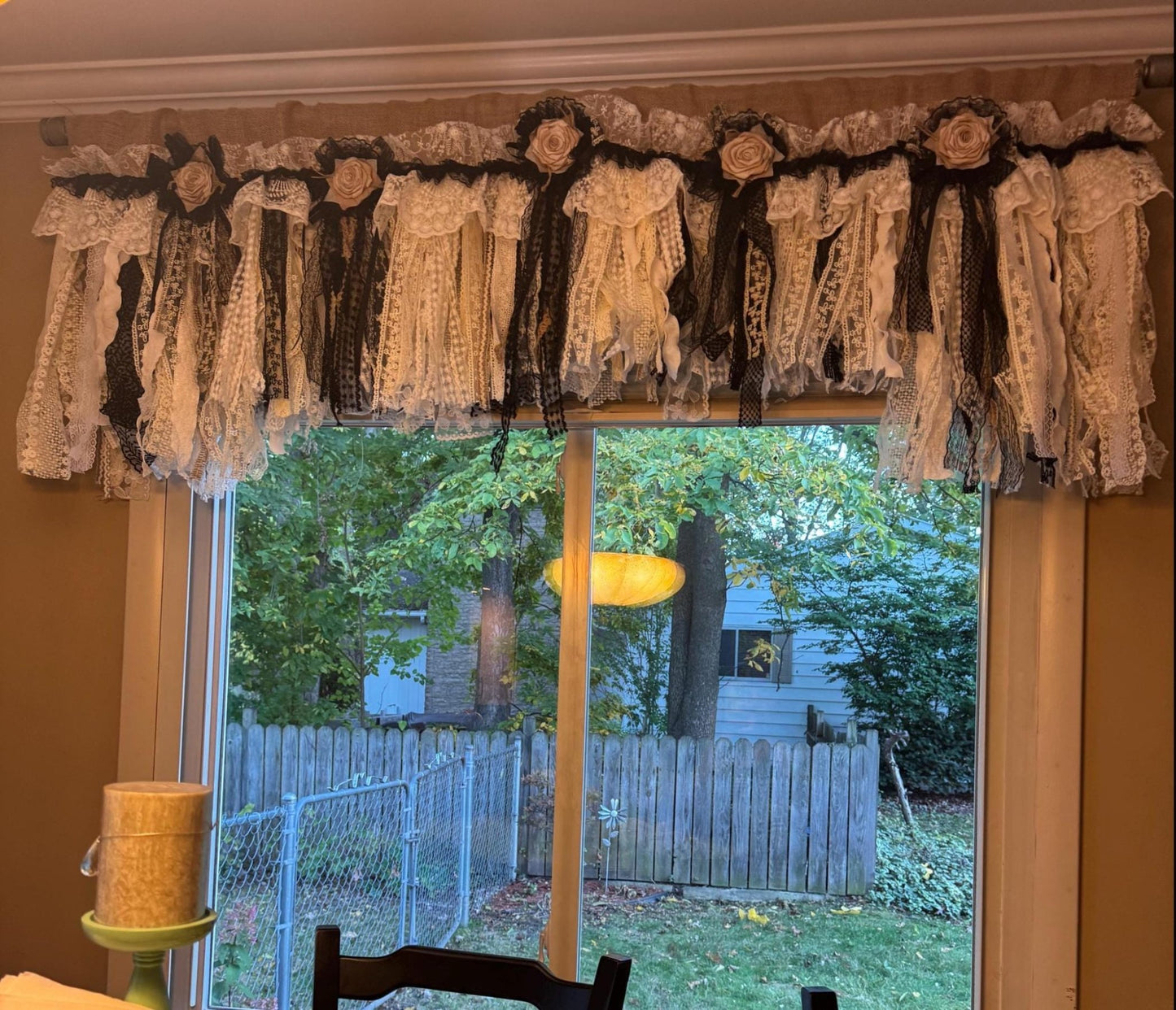 Rustic Unique Burlap Beige Black Lace Valance - UDreamHome