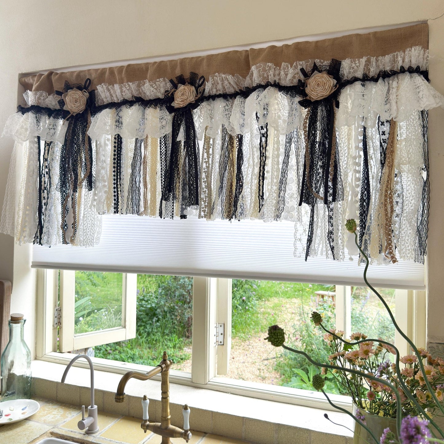 Rustic Unique Burlap Beige Black Lace Valance - UDreamHome