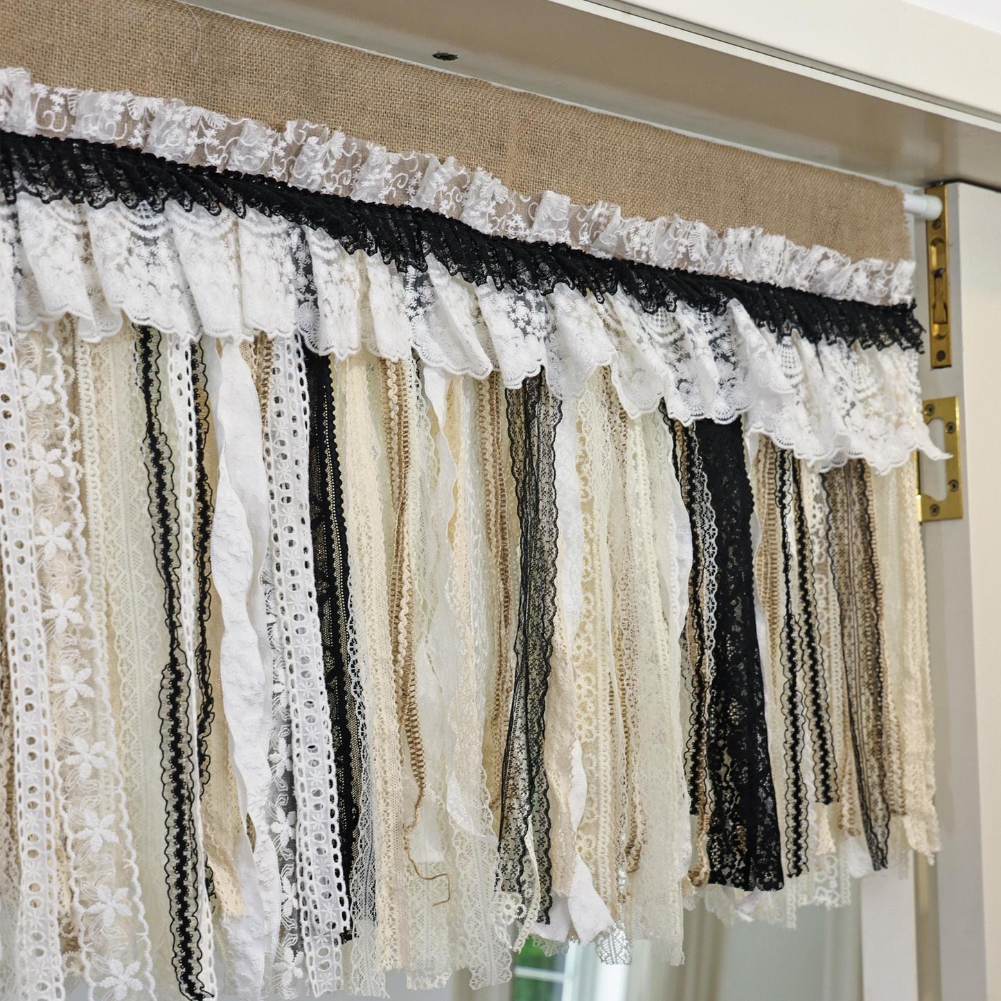 Rustic Unique Burlap Beige Black Lace Valance - UDreamHome