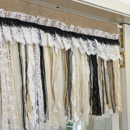 Rustic Unique Burlap Beige Black Lace Valance - UDreamHome