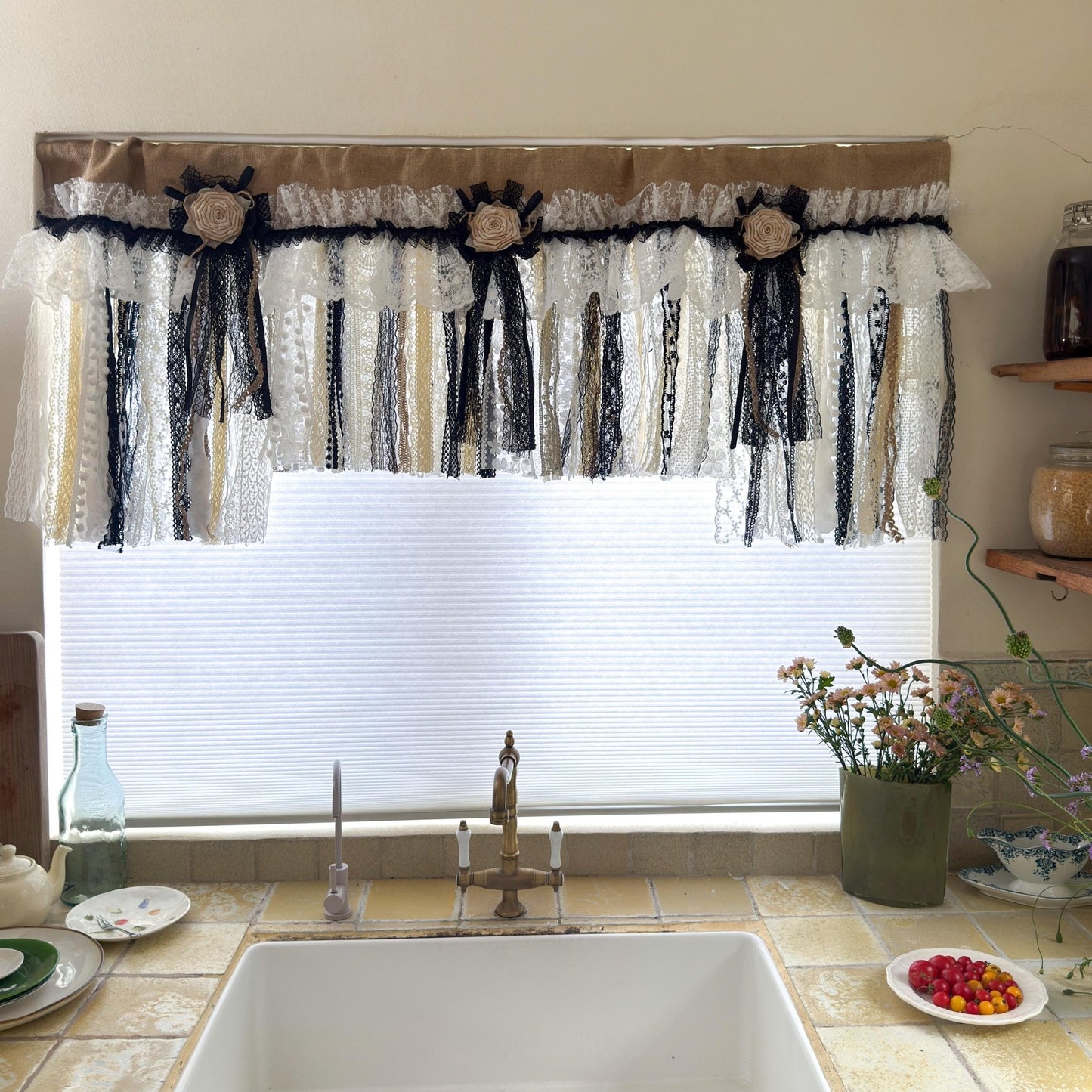 Rustic Unique Burlap Beige Black Lace Valance - UDreamHome