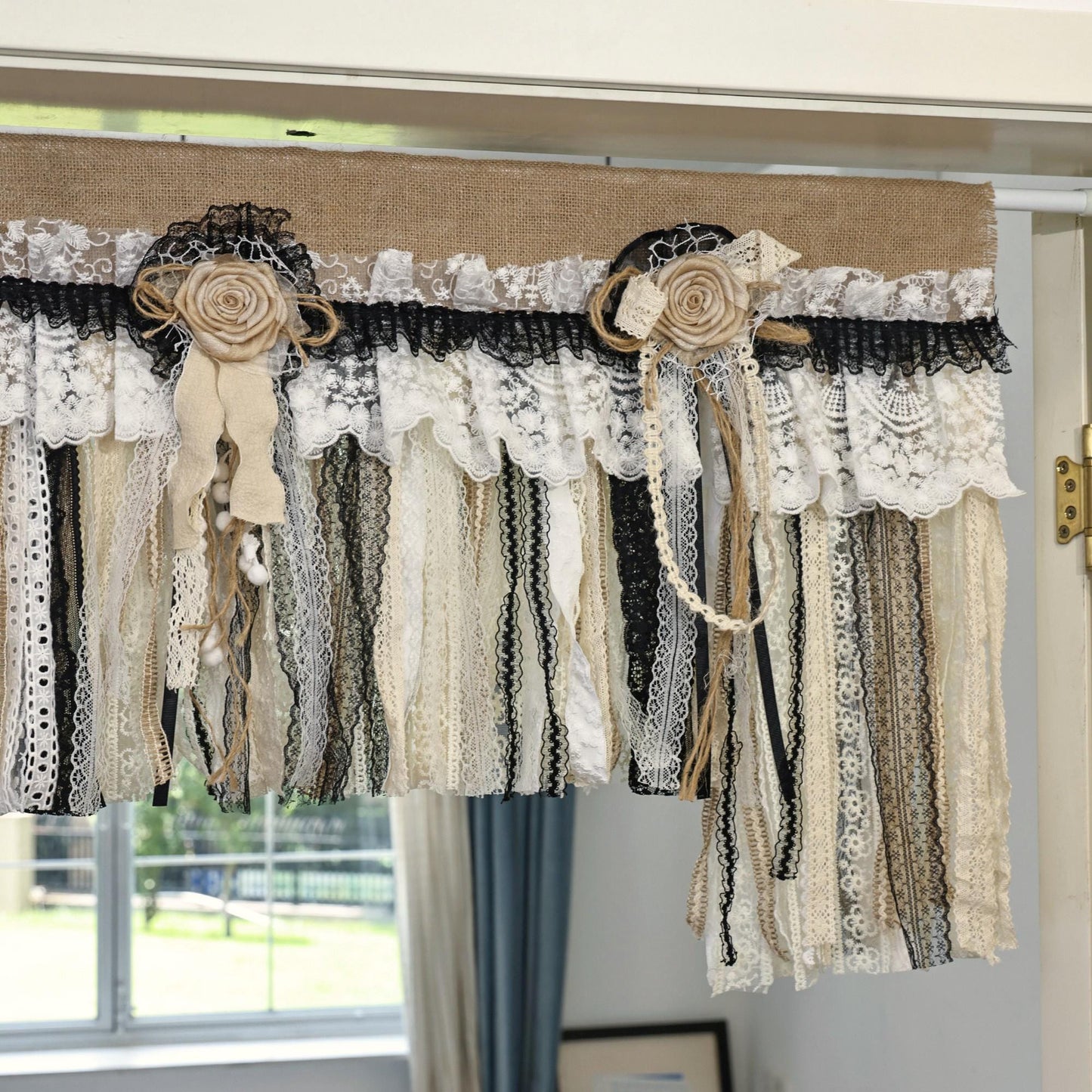 Rustic Unique Burlap Beige Black Lace Valance - UDreamHome