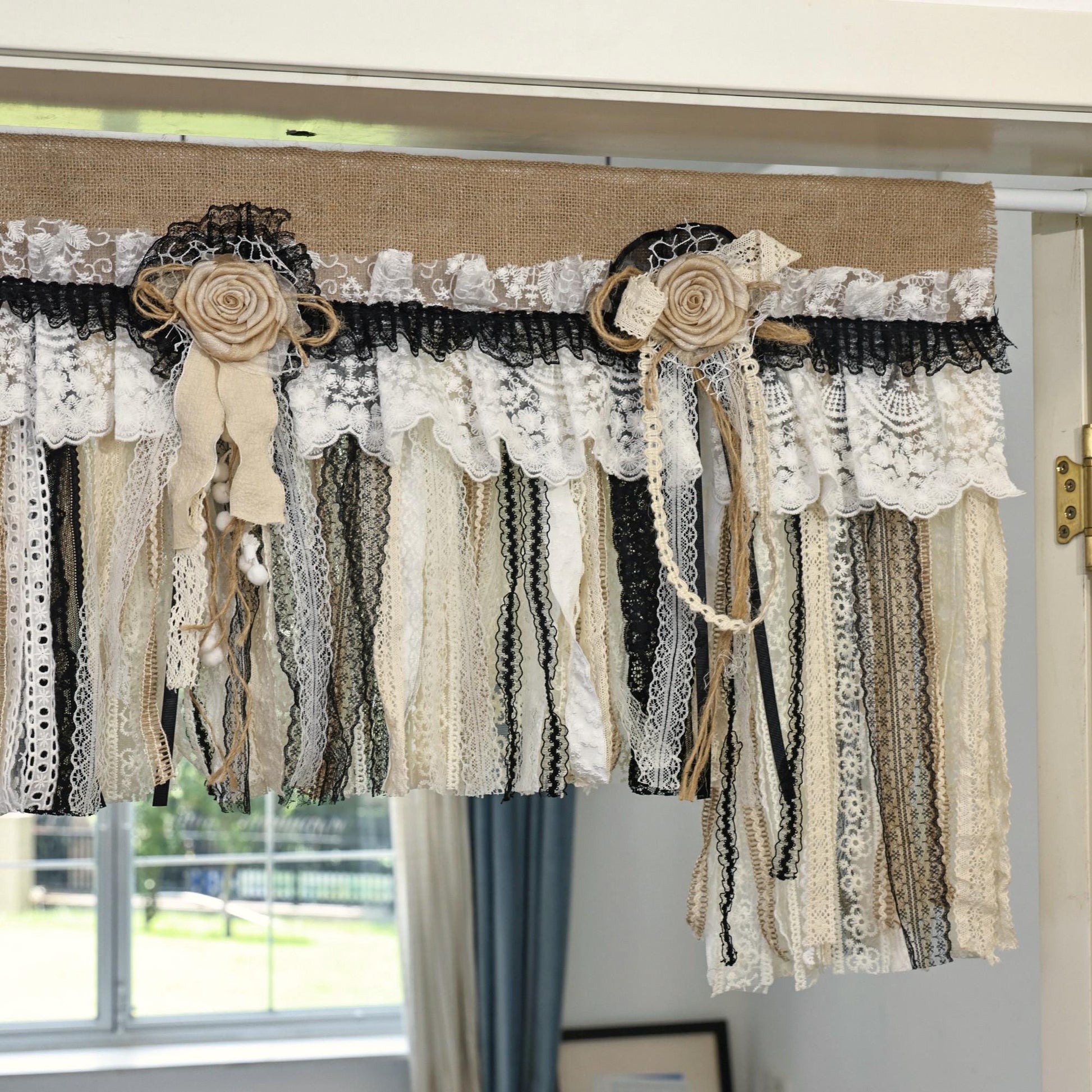 Rustic Unique Burlap Beige Black Lace Valance - UDreamHome
