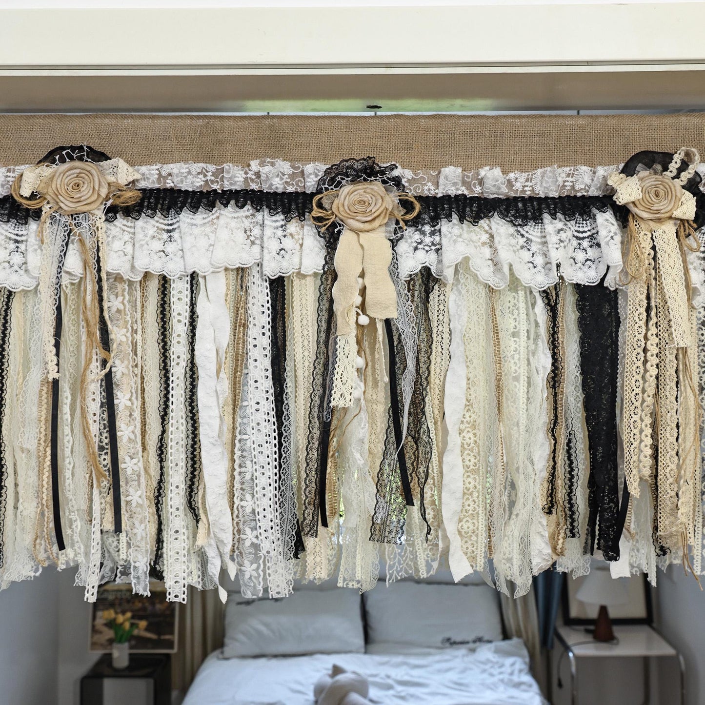 Rustic Unique Burlap Beige Black Lace Valance - UDreamHome