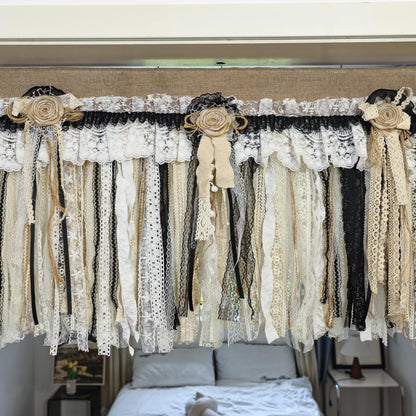 Rustic Unique Burlap Beige Black Lace Valance - UDreamHome