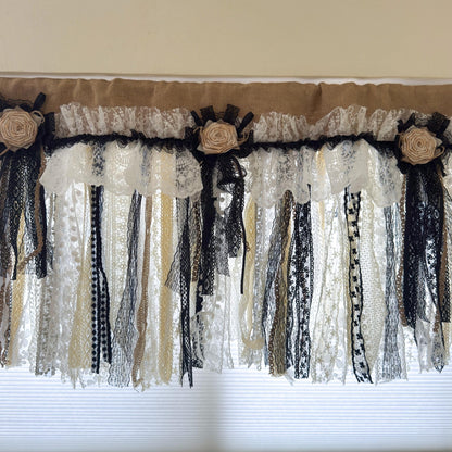 Rustic Unique Burlap Beige Black Lace Valance - UDreamHome