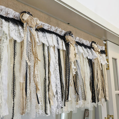 Rustic Unique Burlap Beige Black Lace Valance - UDreamHome