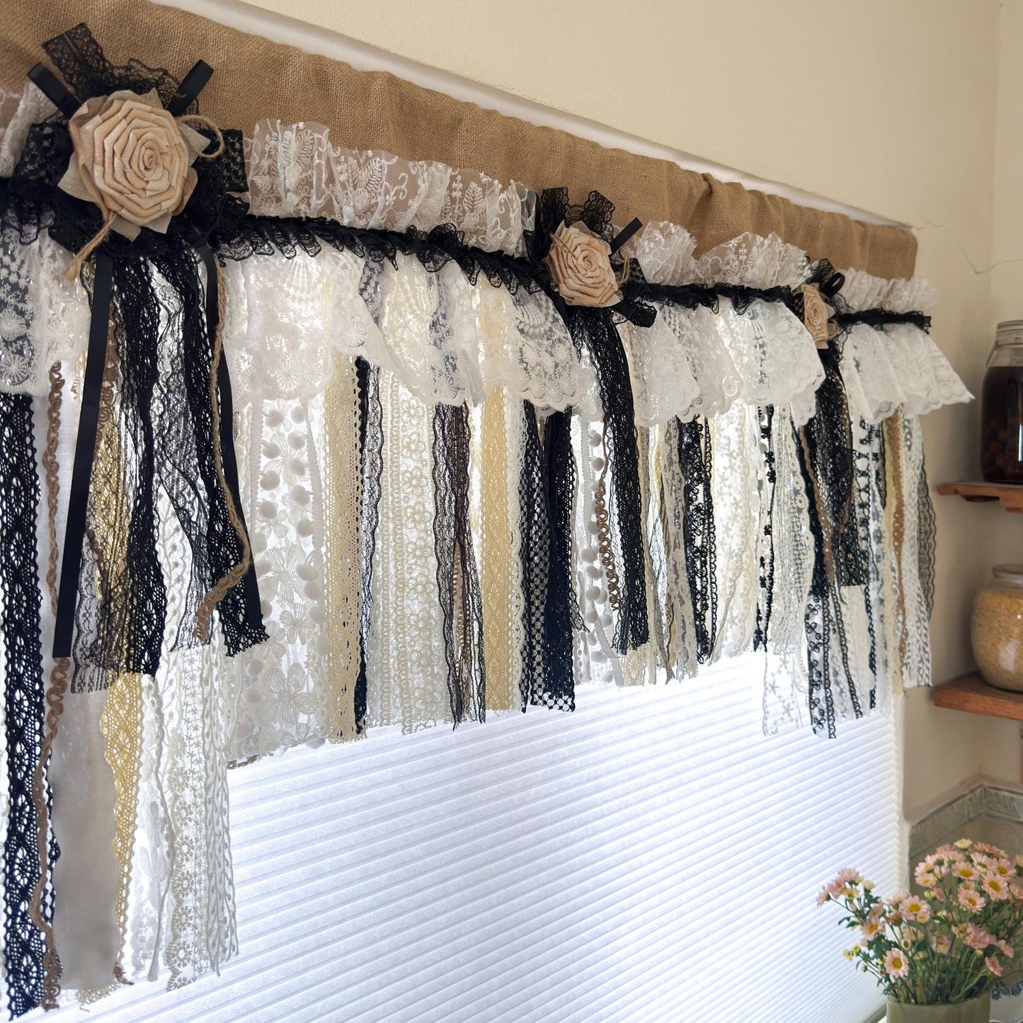 Rustic Unique Burlap Beige Black Lace Valance - UDreamHome