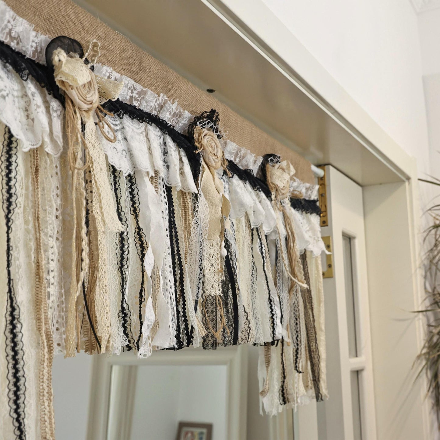 Rustic Unique Burlap Beige Black Lace Valance - UDreamHome