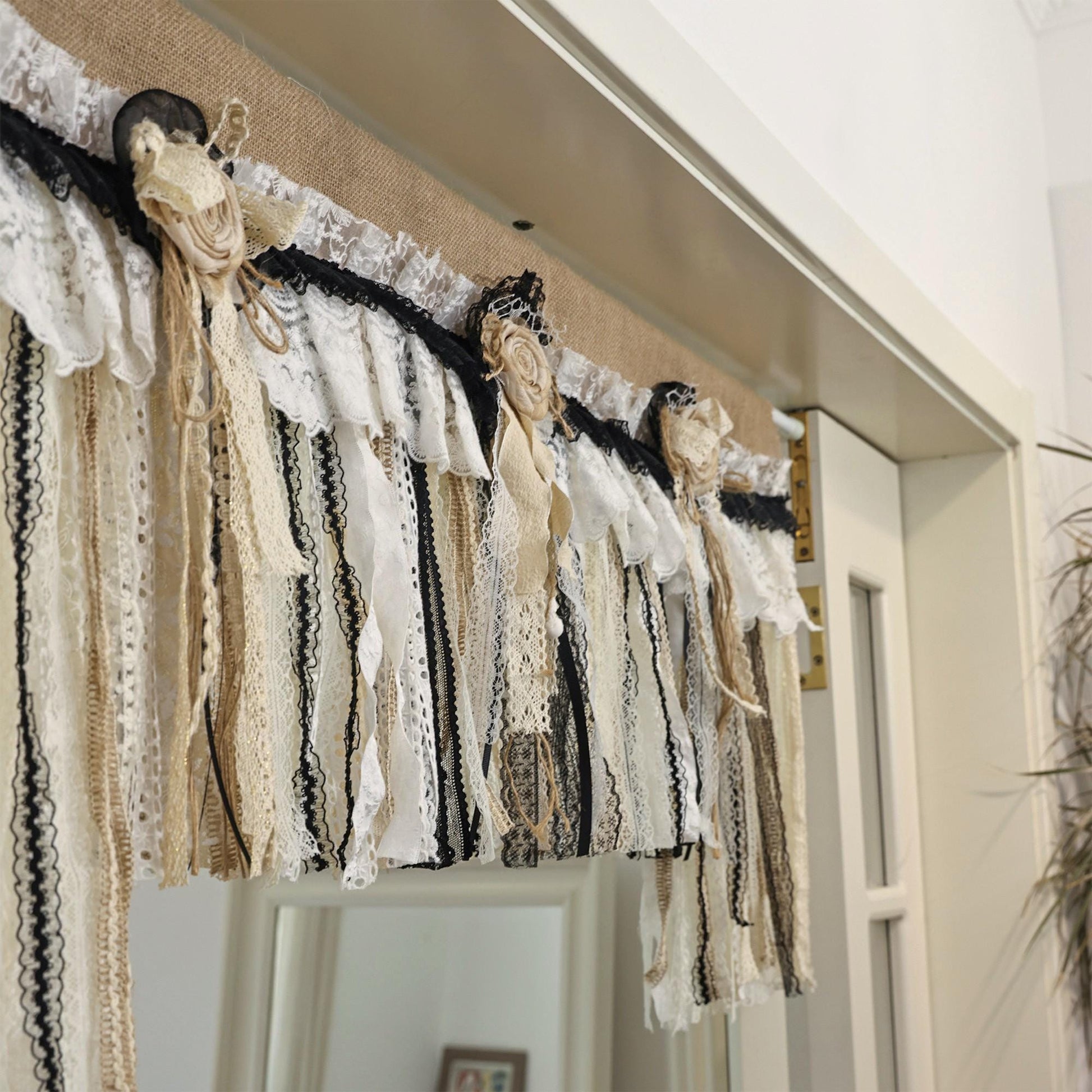 Rustic Unique Burlap Beige Black Lace Valance - UDreamHome