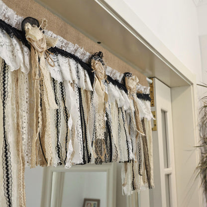 Rustic Unique Burlap Beige Black Lace Valance - UDreamHome