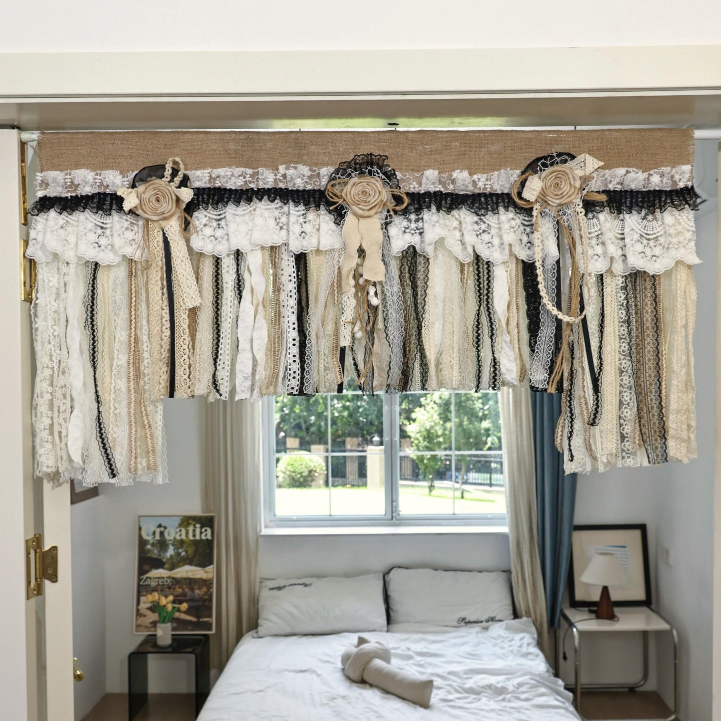 Rustic Unique Burlap Beige Black Lace Valance - UDreamHome