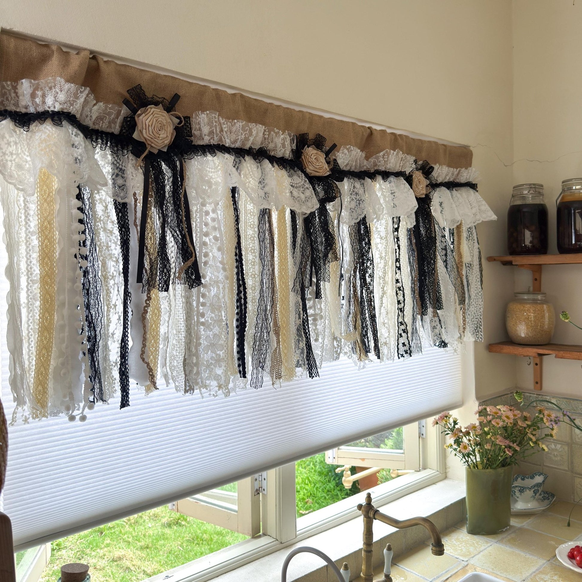 Rustic Unique Burlap Beige Black Lace Valance - UDreamHome