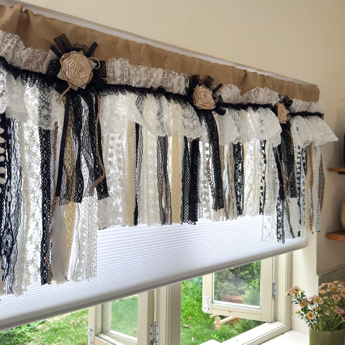 Rustic Unique Burlap Beige Black Lace Valance - UDreamHome