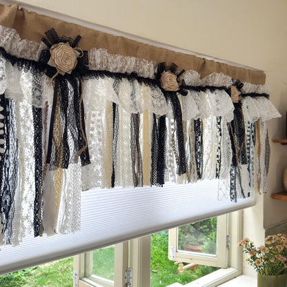 Rustic Unique Burlap Beige Black Lace Valance - UDreamHome