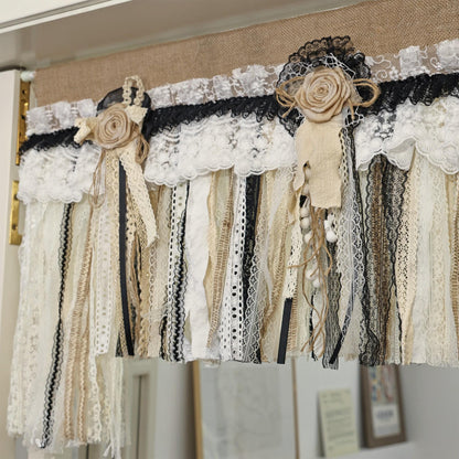 Rustic Unique Burlap Beige Black Lace Valance - UDreamHome