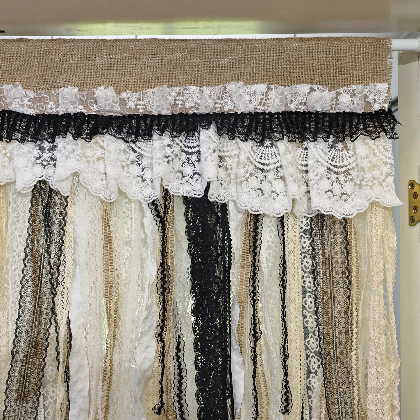 Rustic Unique Burlap Beige Black Lace Valance - UDreamHome