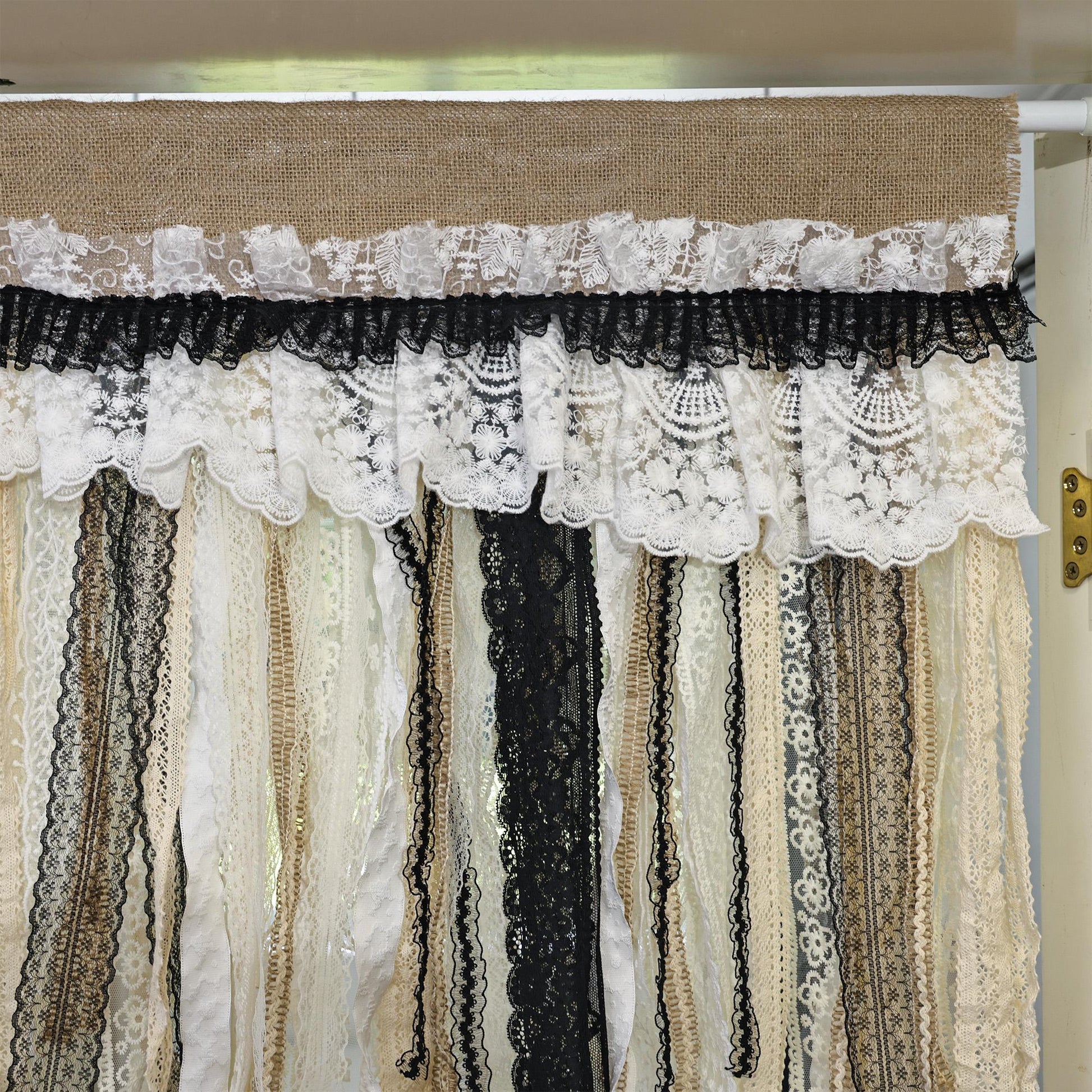 Rustic Unique Burlap Beige Black Lace Valance - UDreamHome