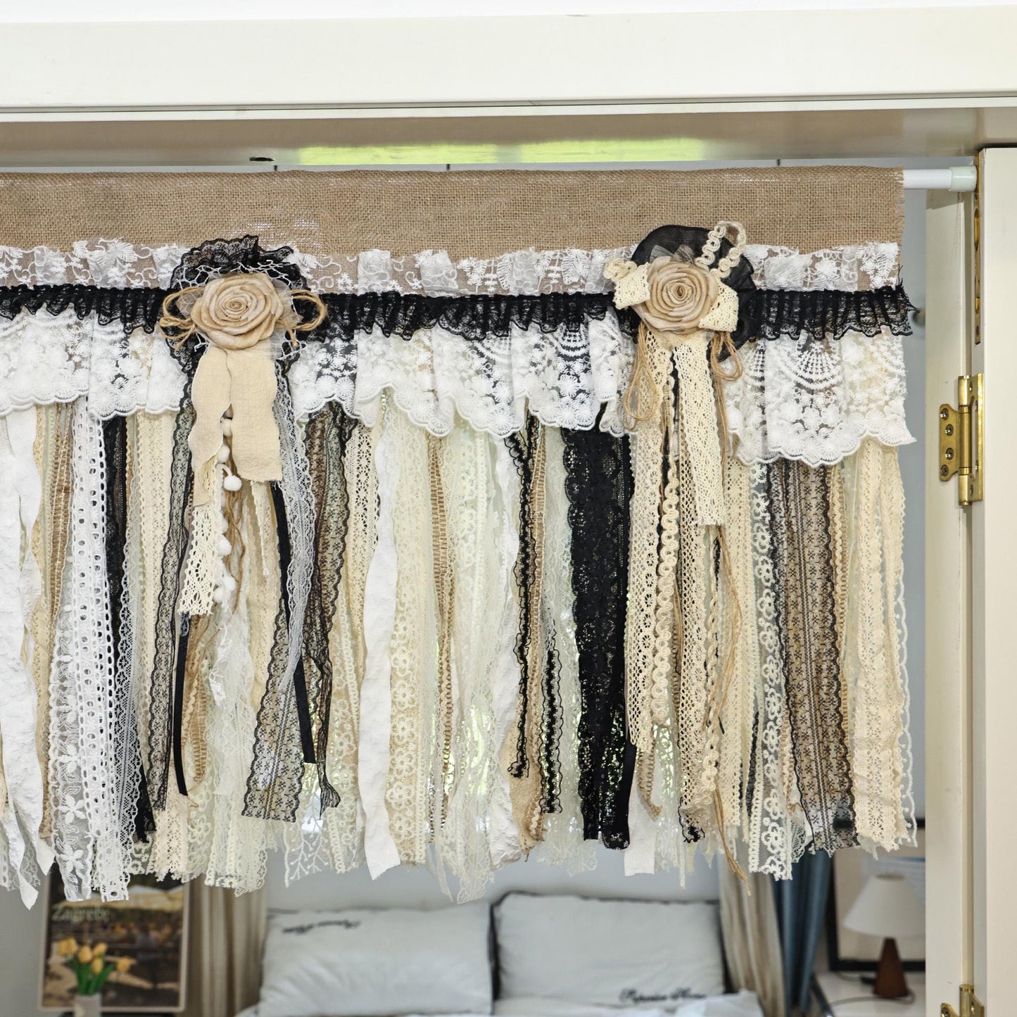 Rustic Unique Burlap Beige Black Lace Valance - UDreamHome