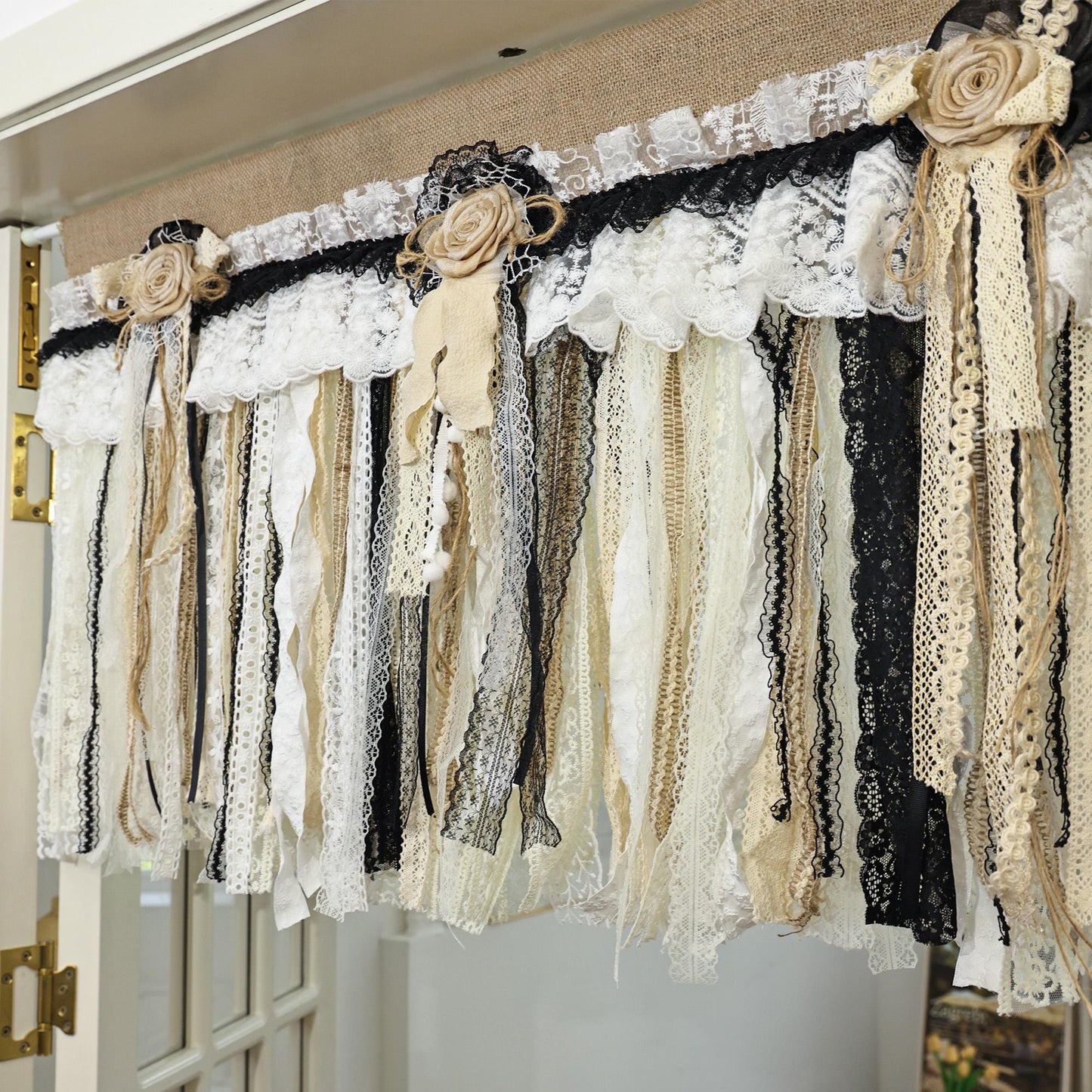 Rustic Unique Burlap Beige Black Lace Valance - UDreamHome