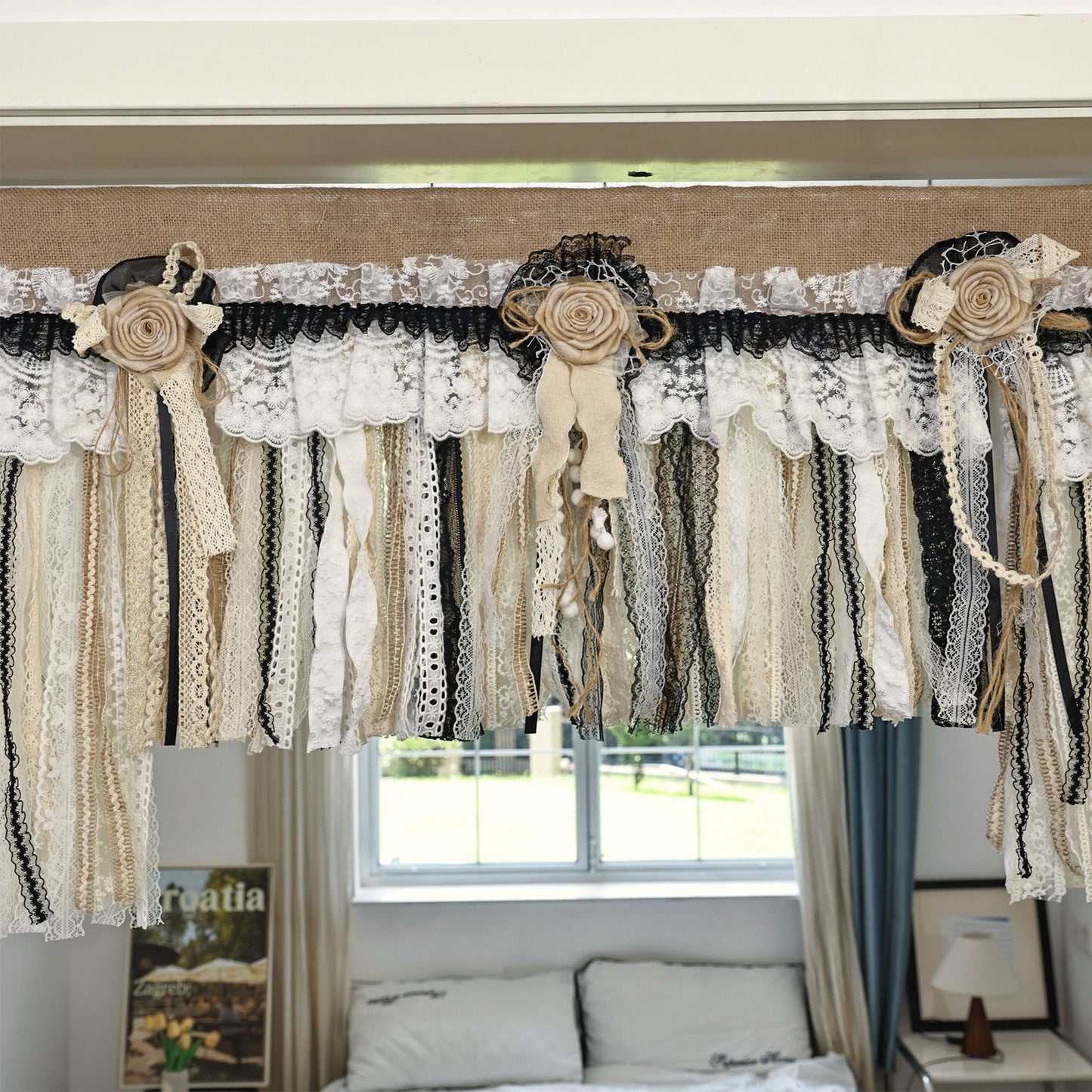 Rustic Unique Burlap Beige Black Lace Valance - UDreamHome