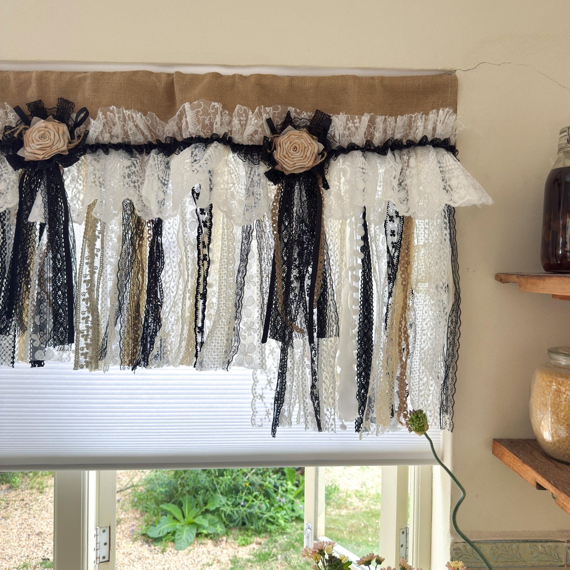 Rustic Unique Burlap Beige Black Lace Valance - UDreamHome