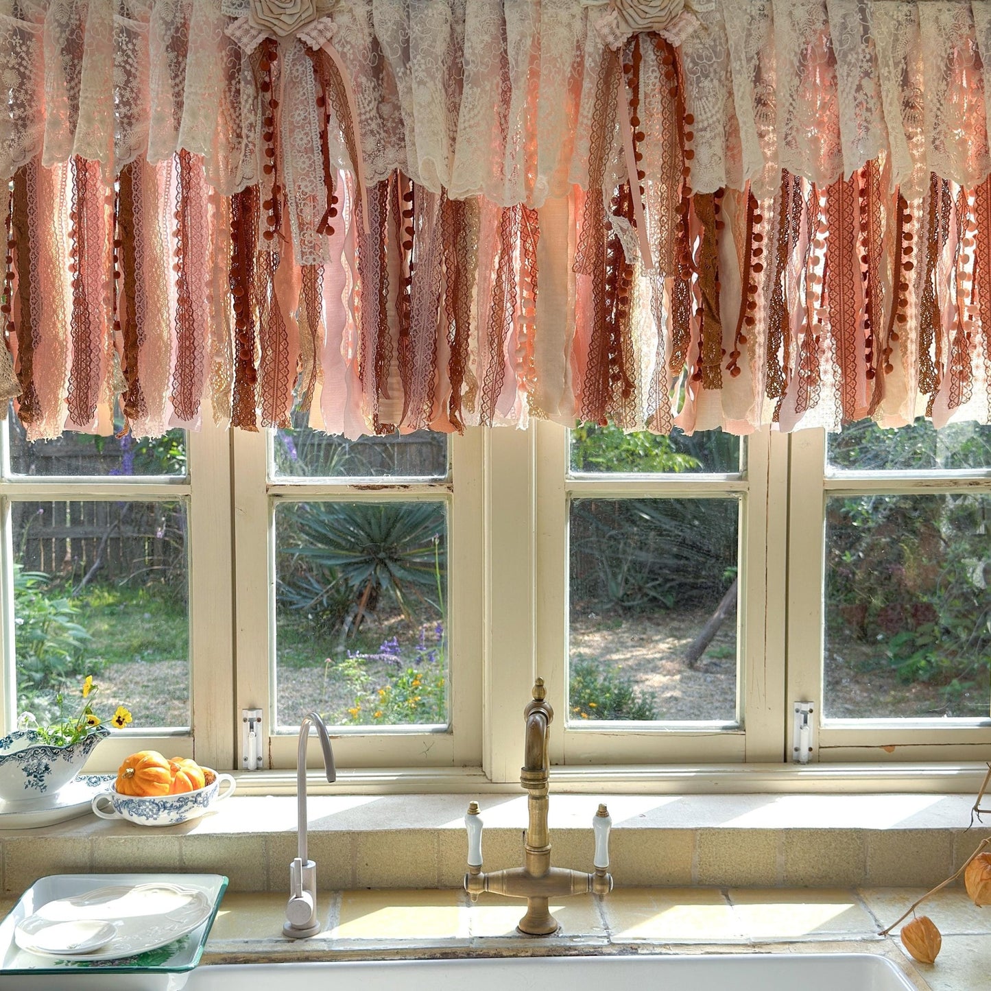 Rustic Unique Burlap Beige Brown Pink Lace Window Valance - UDreamHome