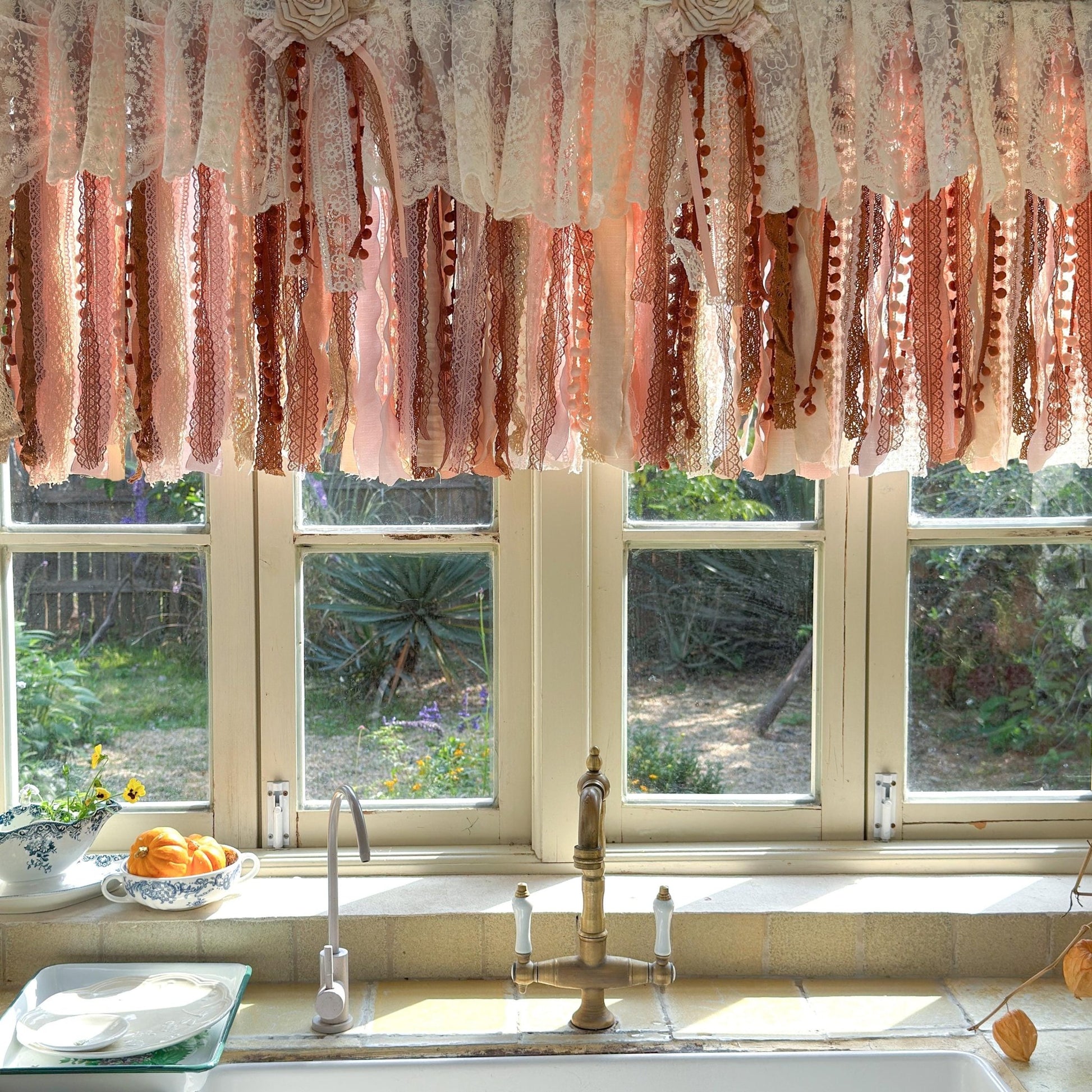 Rustic Unique Burlap Beige Brown Pink Lace Window Valance - UDreamHome