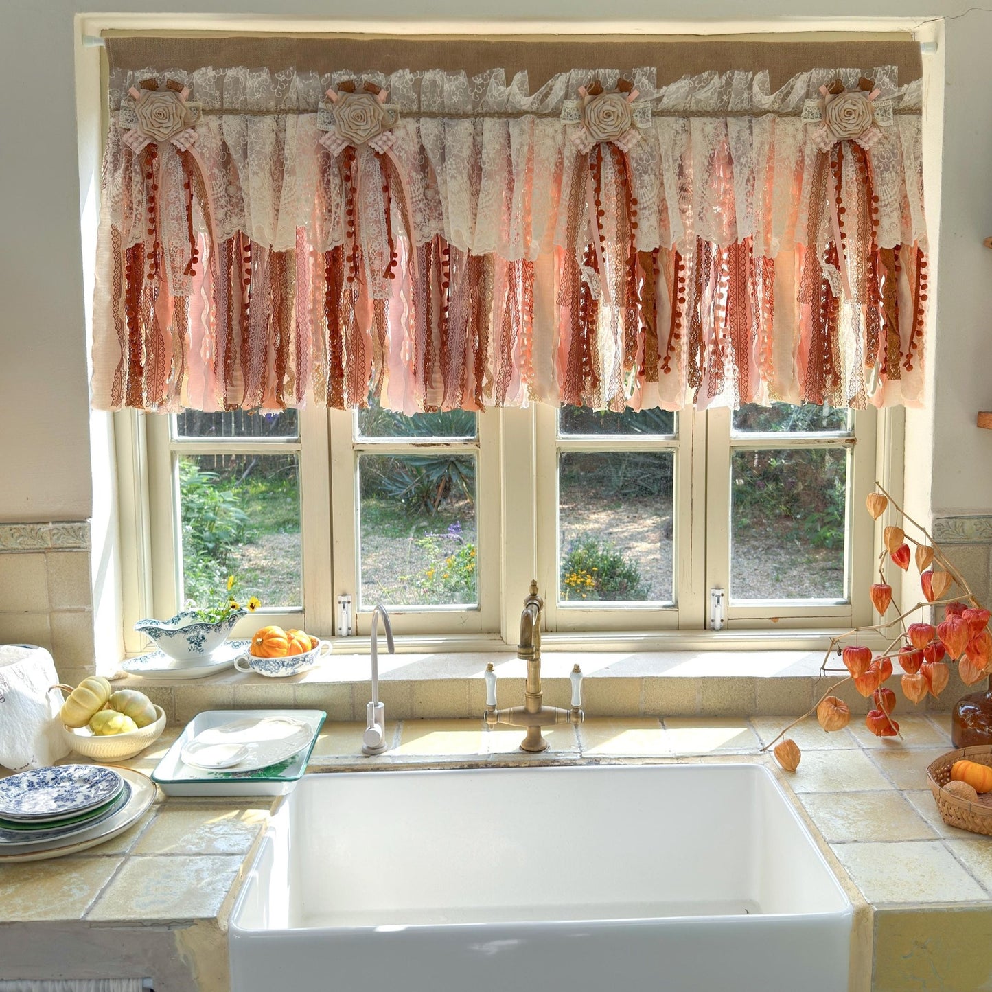 Rustic Unique Burlap Beige Brown Pink Lace Window Valance - UDreamHome