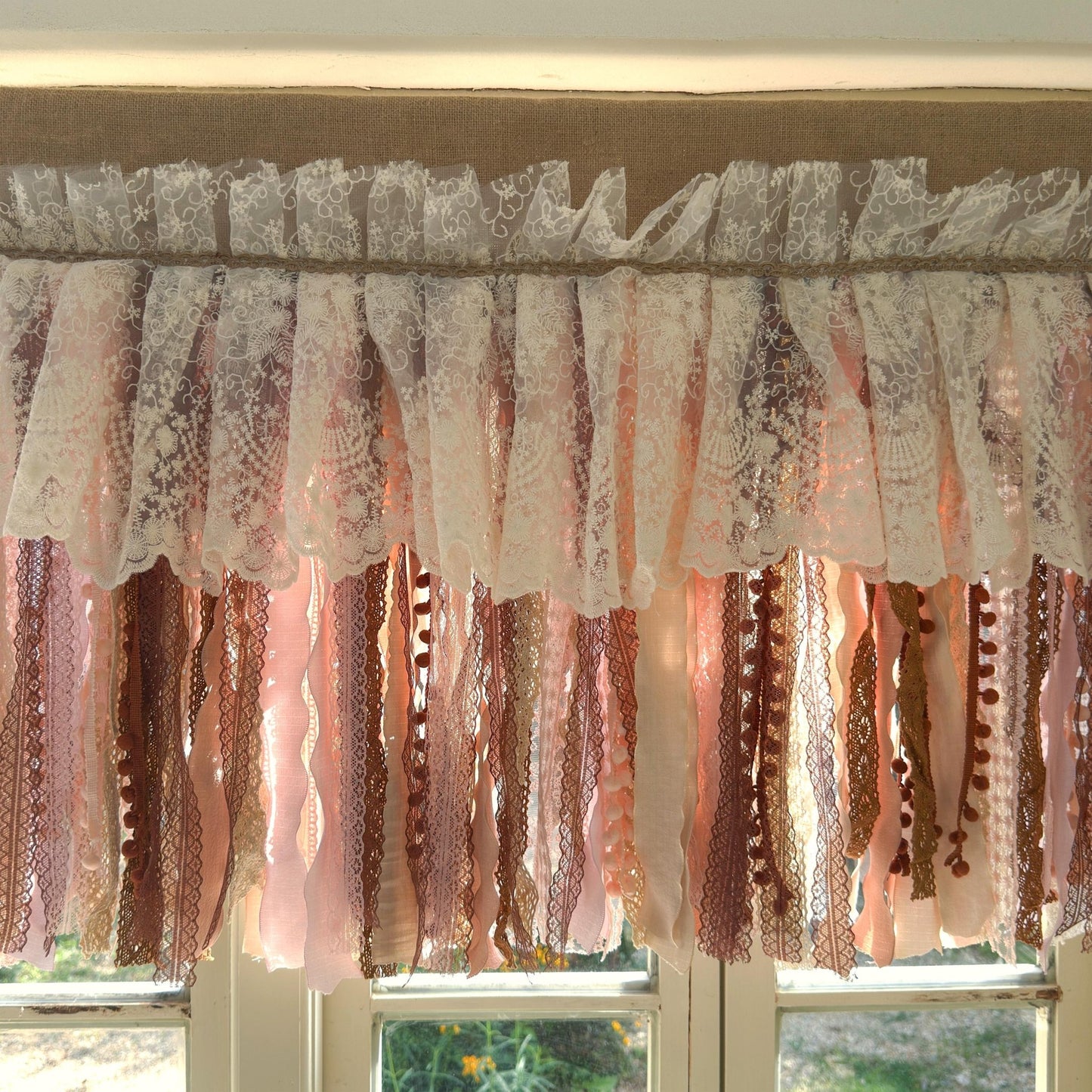 Rustic Unique Burlap Beige Brown Pink Lace Window Valance - UDreamHome