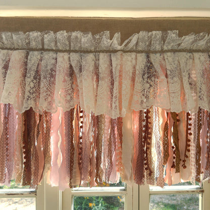 Rustic Unique Burlap Beige Brown Pink Lace Window Valance - UDreamHome
