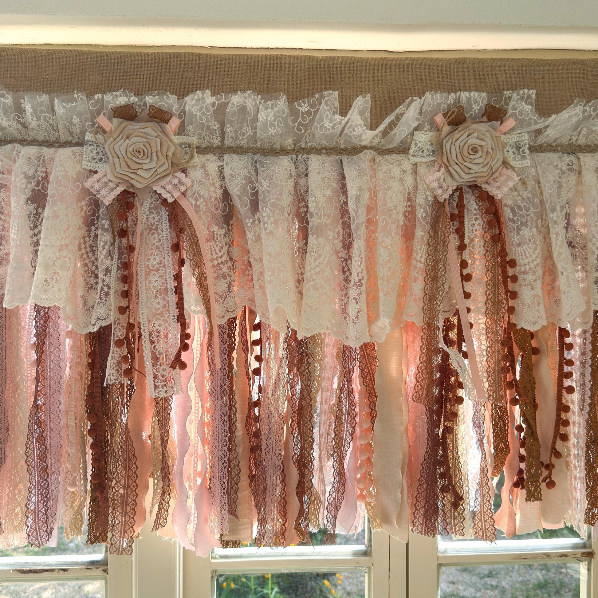 Rustic Unique Burlap Beige Brown Pink Lace Window Valance - UDreamHome