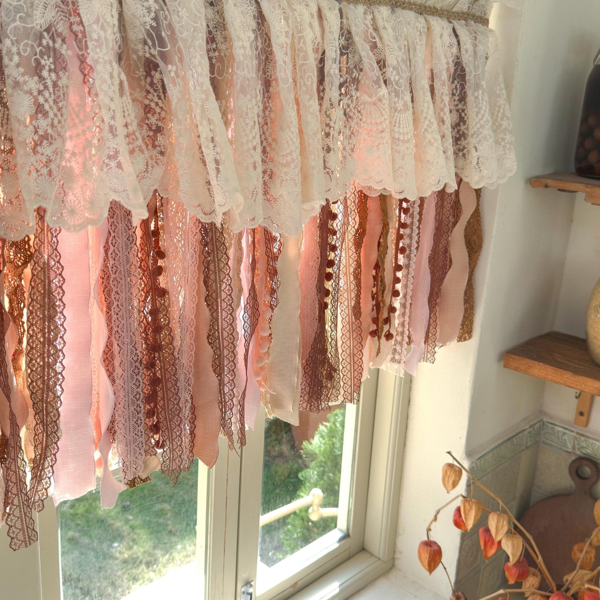 Rustic Unique Burlap Beige Brown Pink Lace Window Valance - UDreamHome