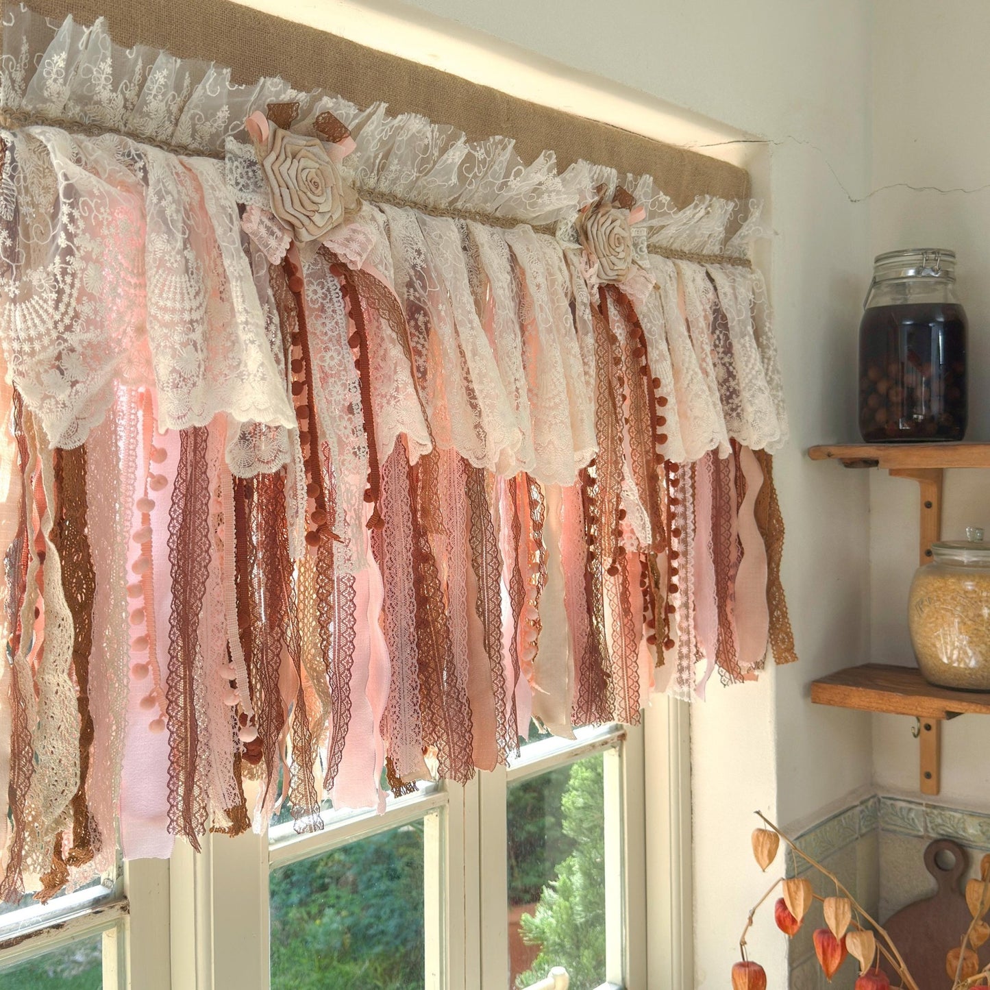 Rustic Unique Burlap Beige Brown Pink Lace Window Valance - UDreamHome