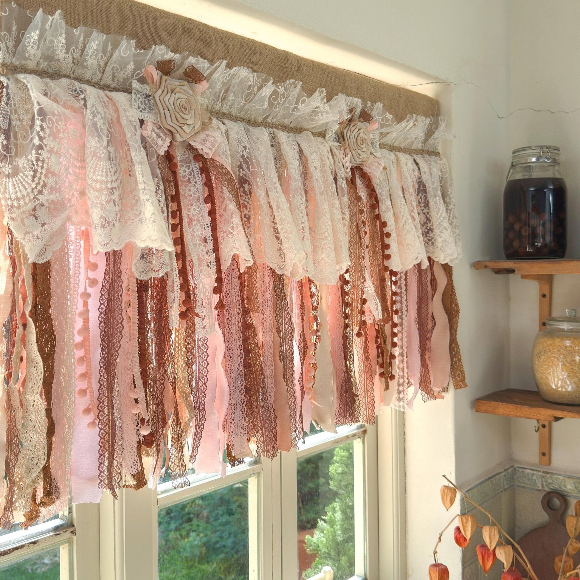 Rustic Unique Burlap Beige Brown Pink Lace Window Valance - UDreamHome