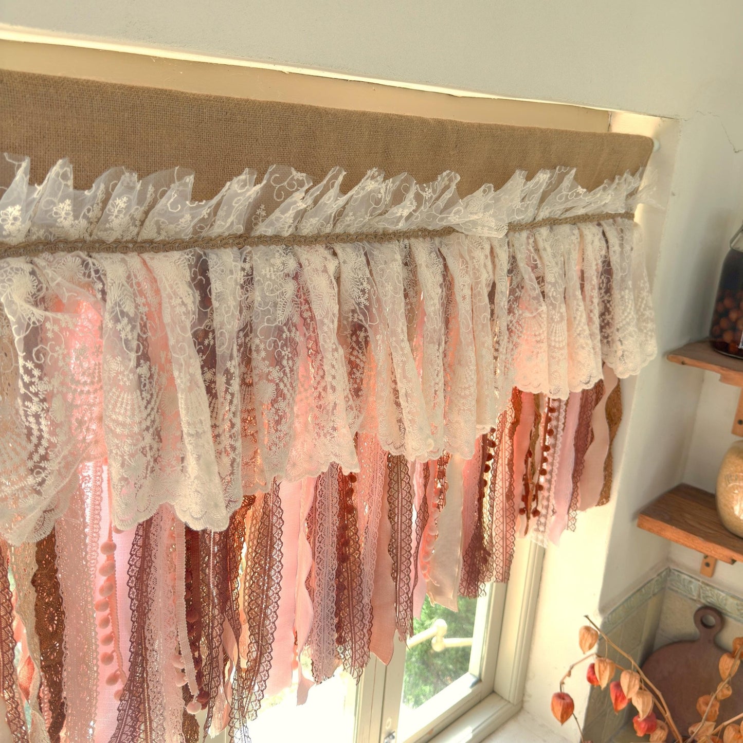 Rustic Unique Burlap Beige Brown Pink Lace Window Valance - UDreamHome